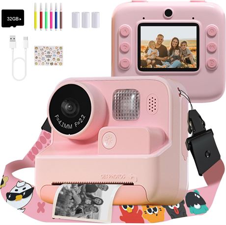 Mafiti Kids Camera Instant Print, 48MP 1080P Video, 32G TF Card, Pink