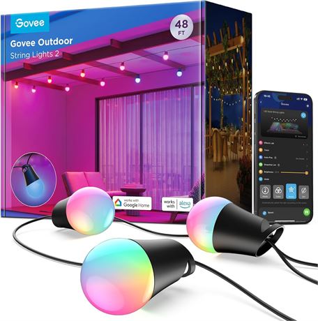 Govee Smart Outdoor String Lights 2, 48ft RGBIC, 15 Bulbs, IP65, Alexa