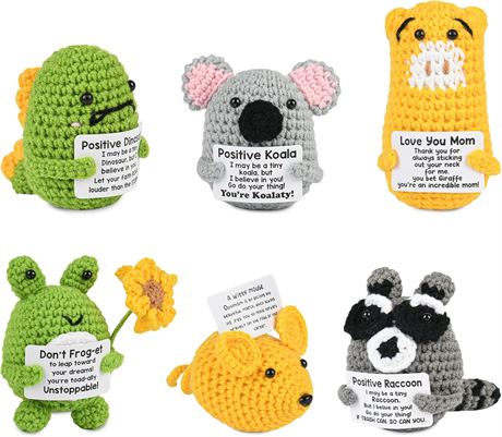 6Pcs Positive Crochet Dolls, Mini Frogs & Animals with Motivation Cards