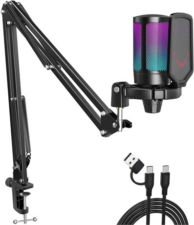 Fifine Microphone de jeu USB Condensateur avec RVB, Sourdine, Gain A6T