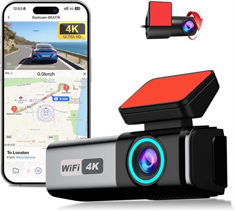 4K Dash Cam Front & Rear with 64GB Card, WDR, G-Sensor, Loop Recording