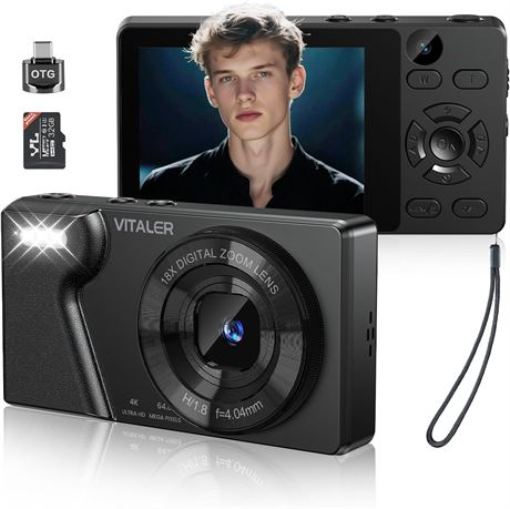 Digital Camera with Front/Rear Lens, 64MP 4K, 32GB Card