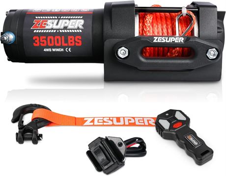ZESUPER 3500 lb 12V DC Winch, 30 ft Synthetic Rope, Remote