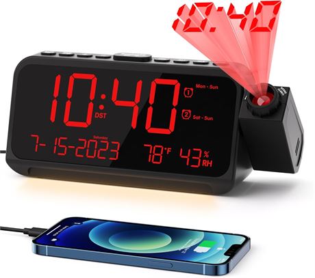ROCAM Digital Projection Alarm Clock with USB Ports, Dual Alarms, Temp