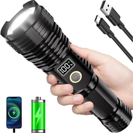 Rechargeable LED Flashlight – 990000 Lumens, LCD Display, Zoom