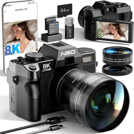 NBD 8K 64MP Camera with 16X Zoom, 180  Flip Screen, 52mm Macro Lens, Black