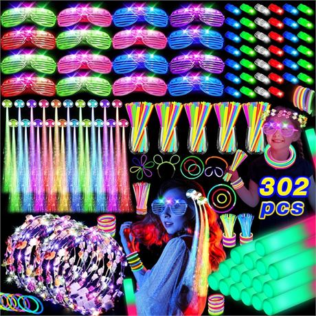 HONLYNE Glow Party Supplies 302pcs LED Hair Clips, Glasses, Sticks & Crowns
