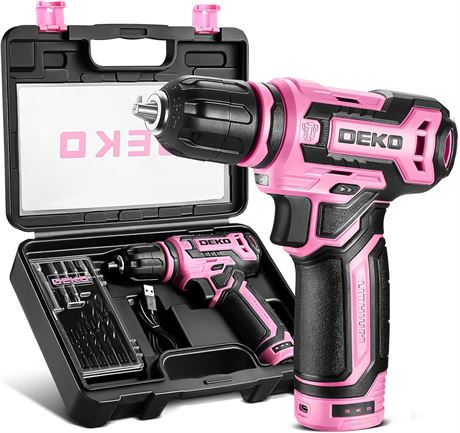 DEKOPRO 12V Cordless Drill Set, Pink Electric Drill with Tool Gift Box for Women