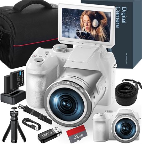 Monitech 64MP 4K Vlogging Camera, 3' Screen, 16X Zoom, WiFi, White