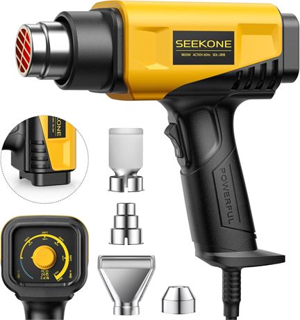 SEEKONE 1800W Heat Gun, Compact, 122 1202 F (50 650 C), 2 Speeds, 4 Nozzles