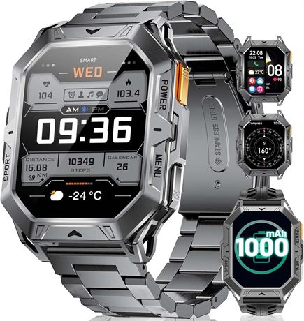 TX1 Military Smart Watch for Men, 1000mAh, 80 Days Battery, 2.13' AMOLED