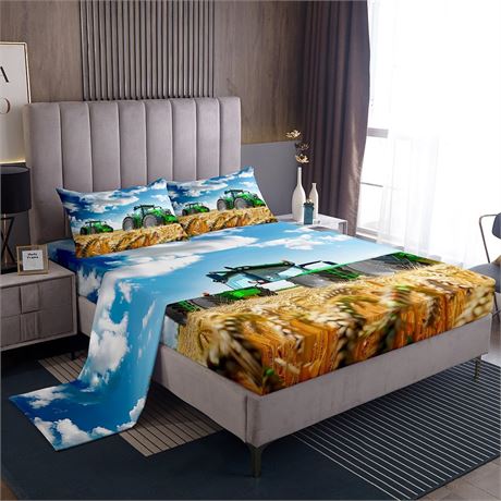 Vehicles Bed Sheet Set: Tractors & Cars Twin with 1 Flat 1 Fitted Pillowcase