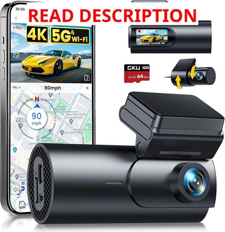 GKU Dash Cam Front & Rear 4K+1080P Dual, 64GB, WiFi/App, Night Vision
