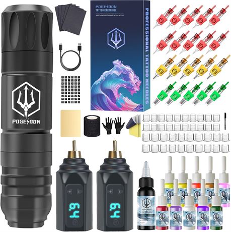 POSEIDON Wireless Tattoo Gun Kit - Pen with 2 Batteries and 20 Cartridges
