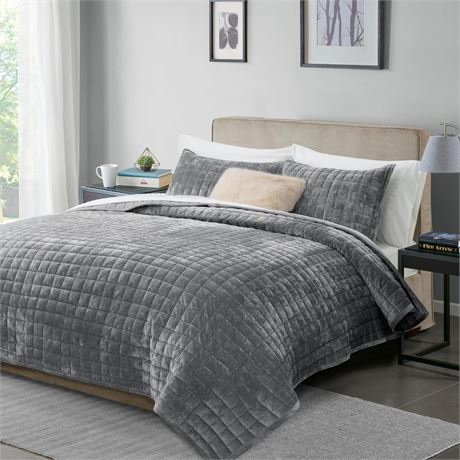 RECYCO Velvet Quilt Set Twin XL, Lightweight Comforter, Pillow Sham, Gray