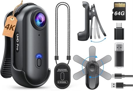 BOBLOV W4 mini caméra corporelle 4K 128 Go clip 360°