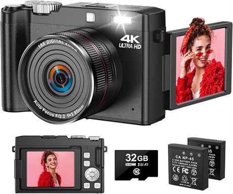 Digital Camera - 4K UHD, 64MP, 18x Zoom, Autofocus, Flip Screen 2.8" + Macro