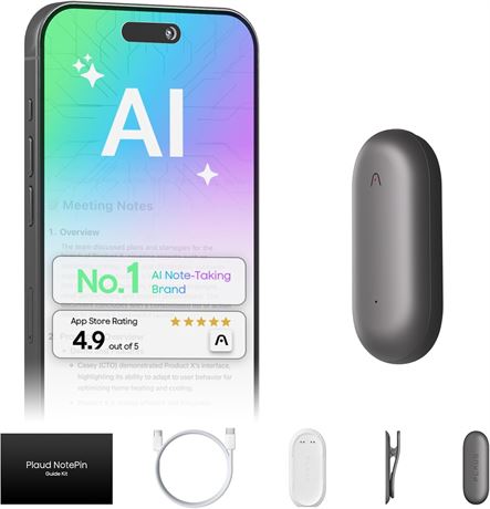 Plaud NotePin AI Voice Recorder with App Control, 112 Languages, 64GB, Gray