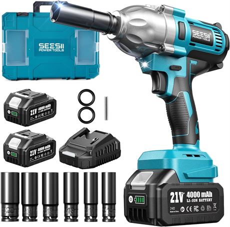 Seesii 665 ft-lbs Impact Wrench, 3300 IPM, 21V, 2x4.0Ah, 6 Sockets