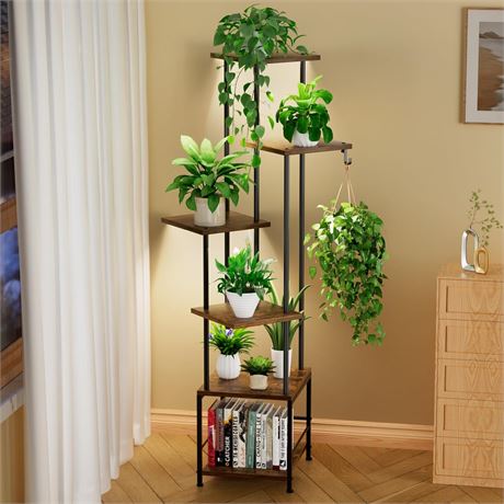 6-Tier Indoor Plant Stand with Grow Light Adjustable Metal Shelf Hanging Hook