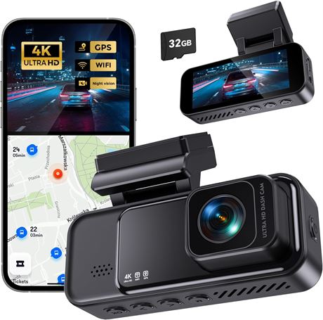 COOLCRAZY 4K Dash Cam, 3.2" IPS, WiFi GPS, WDR, Night Vision, 32GB Card