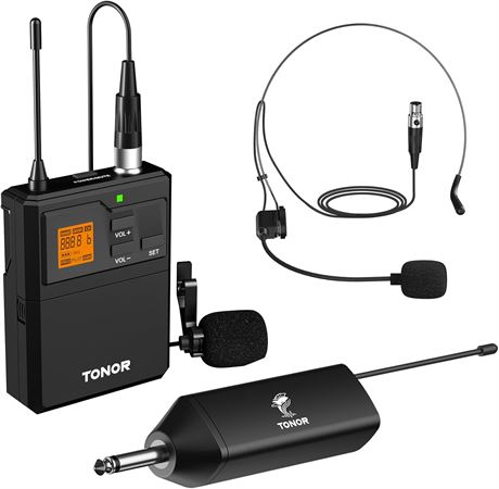 TONOR UHF Wireless Mic System: Headset/Lavalier, Bodypack, 15ch, 200ft