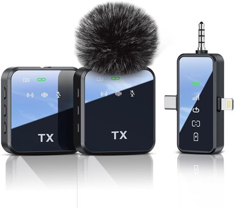 Microphone PQRQP 3-en-1 sans fil iPhone Android caméra Lavalier 328ft 18h vlog
