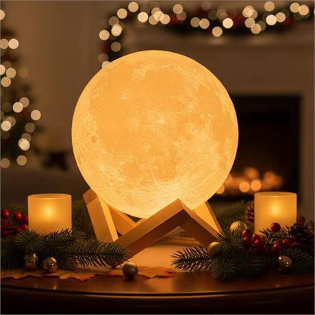 Mydethun Moon Lamp - LED Night Light with Brightness Control, Wooden Base, 7.1"