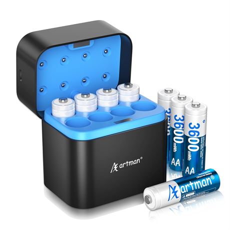 Artman 8-Pack Rechargeable Lithium AA Batteries with Charger, 3600mWh