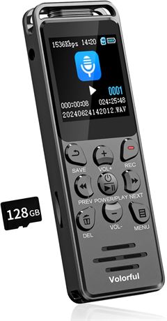 Enregistreur vocal 144Go dictaphone 70h USB-C écran 1.44"
