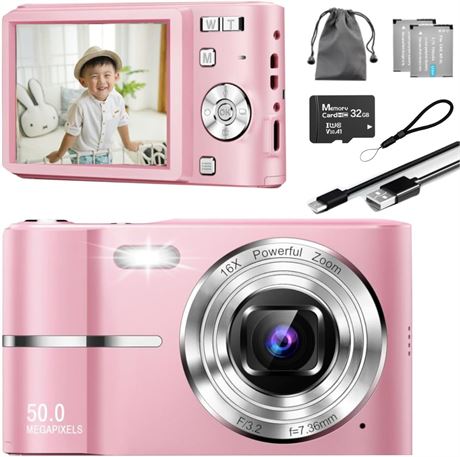 Compact Digital Camera 50MP 16x Zoom 1080p - 32GB, 2 Batteries, Pink