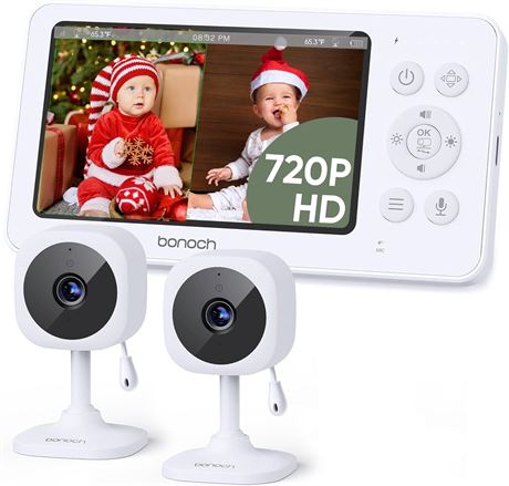 bonoch 4.3" Baby Monitor w/ 2 Cameras, 720p, Split Screen, VOX, 2-Way Audio