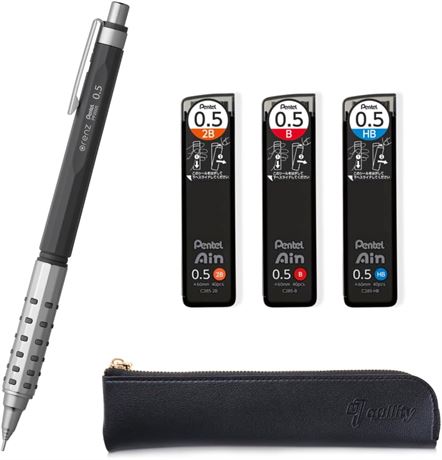 Orenz AT 0.5 Gray body + Ain 0.5 HB/B/2B leads, quality Black slim pen case