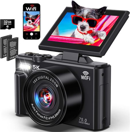Appareil photo 5K - Cam ra WiFi 75MP, autofocus, zoom 18x,  cran rotatif