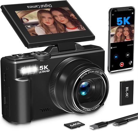 Yatao Appareil photo 5K 75MP, WiFi, TF64GB,  cran rabattable 180 , kit vlog