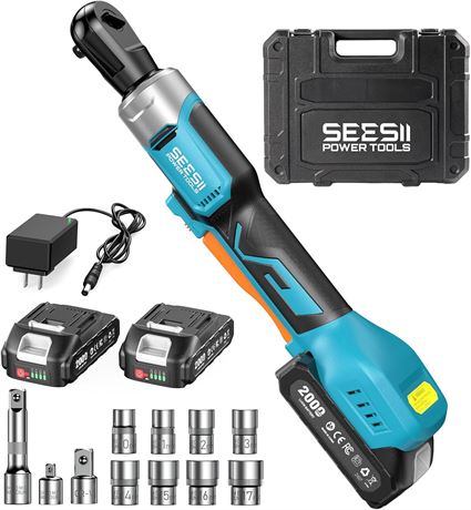 Seesii 21V Cordless Ratchet, 60 ft-lbs, 0 300 RPM, 2x2.0Ah, 10 17mm Socket Set
