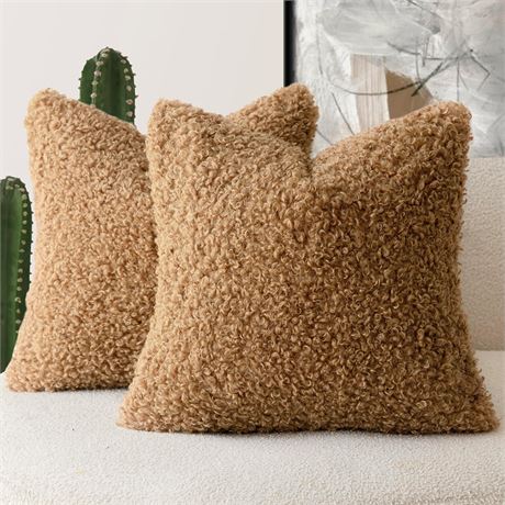 Foindtower 2x 24x24 Bronze Faux Fur Throw Pillow Covers - Sherpa Cushions