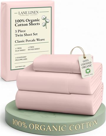 Lane Linen Twin Sheet Set, 100% Organic Cotton, 3-Piece Percale, Deep Pocket