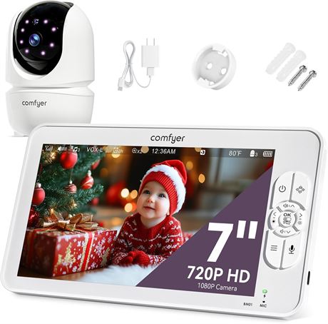 Comfyer 7" Baby Monitor with Camera & Audio, No WiFi, Night Vision, PTZ