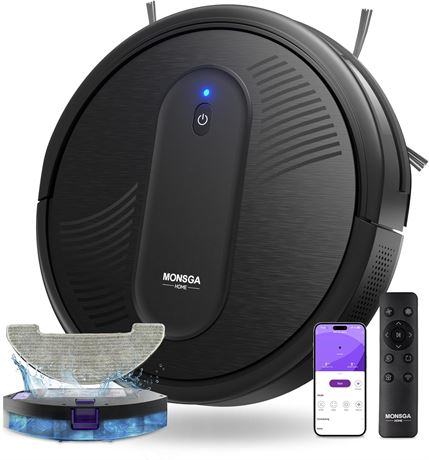 MONSGA Robot Vacuum and Mop, Suction, 140Min Runtime, Remote/App Control Black