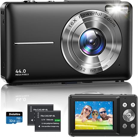 Digital Camera 1080P 44MP Autofocus, 16x Zoom, Anti-Shake, 2 Batteries