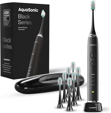 AquaSonic Black Series Whitening Toothbrush, 8 Heads, Travel Case
