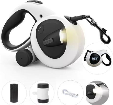 4-in-1 Retractable Dog Leash 16ft with LED Light & Dispenser   Heavy-Duty