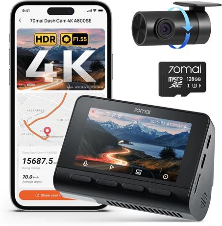 70mai 4K Dash Cam Front & Rear, Wi-Fi6, GPS, 24H Parking, 128GB (A800SE)