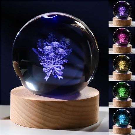Boule Cristal 3D Carnation, 60mm, Lumière Nuit, Décor, Cadeau