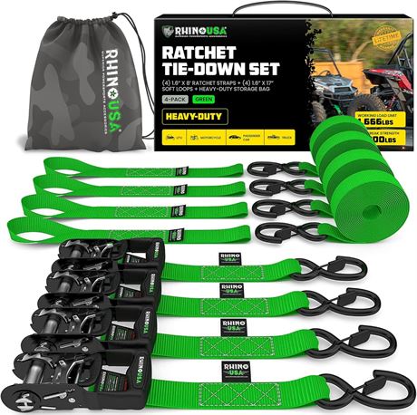 Rhino USA Ratchet Straps Kit (4-Pack) - 1.6" x 8' - 5,208 lb - Green
