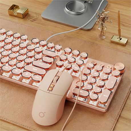 EWEADN Wired Typewriter Keyboard & Mouse Combo, 104-Key, Pink Switch