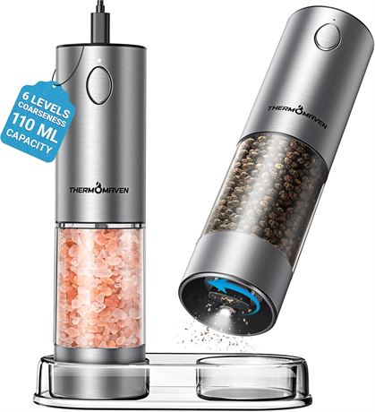 ThermoMaven Electric Salt & Pepper Grinder, 110ml Rechargeable, LED, 2-Pack
