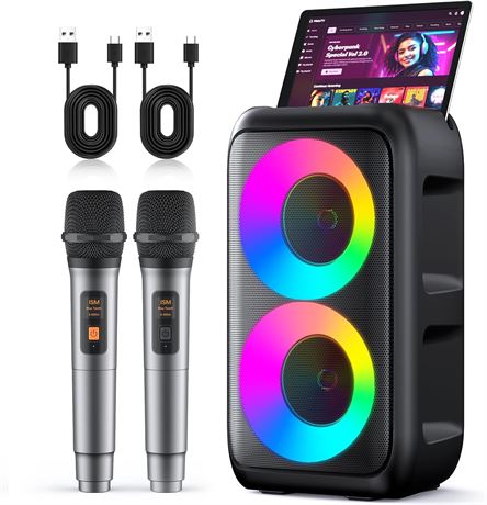 Karaoke Machine, Portable Bluetooth Speaker with 2 Wireless Microphones, TWS/USB