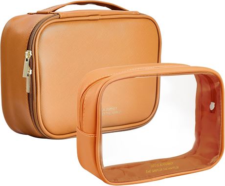 Travel Makeup Bag Set, 2-Pcs Toiletries Bags for Women, Clear Organizer, Brown